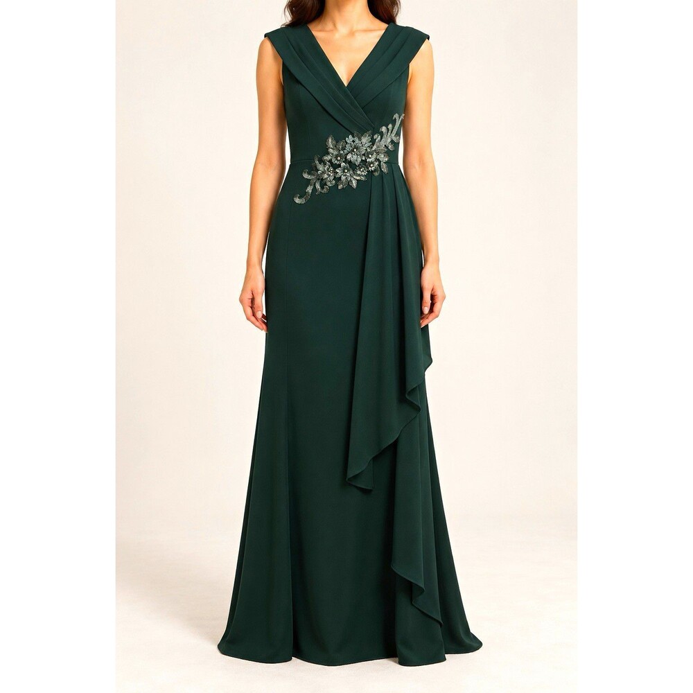 womens green v-neck sleeveless long gown beaded embroidered zip dress 4